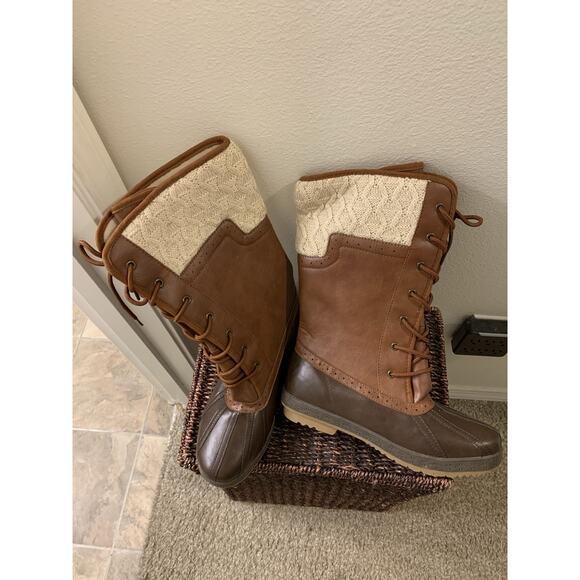 Reila Women's Lace-Up Duck Boots Size 8.5 Brown Faux Leather Knit Upper Rubber - Picture 3 of 9